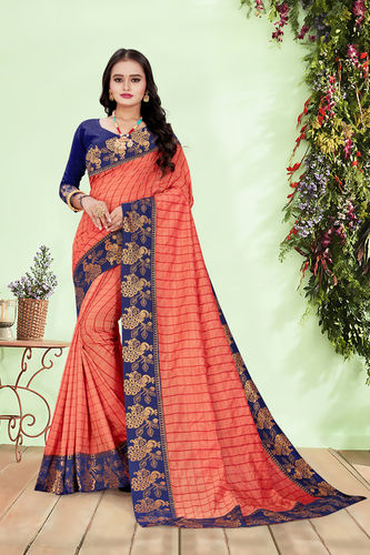 Red Checkered Bollywood Jacquard, Vichitra Saree