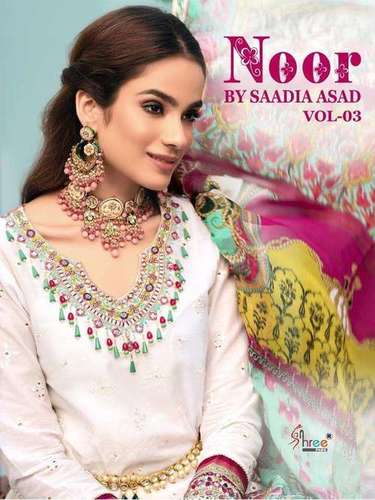 Shree Fab Noor By Saadia Asad Vol 3 - Pure Cotton Unstitched Salwar Suit, Multi Color Heavy Self Embroidery, Full Sleeves, Washable & Dry Cleanable Design