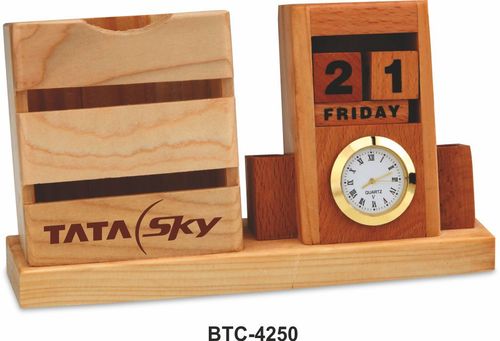 Wooden Perpetual Calendar With Clock