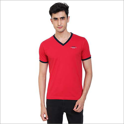 Mens Regular Fit Red Colour V-Neck Solid T-Shirt