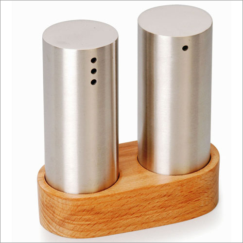 SS Round Salt Pepper Set With Wooden Holder