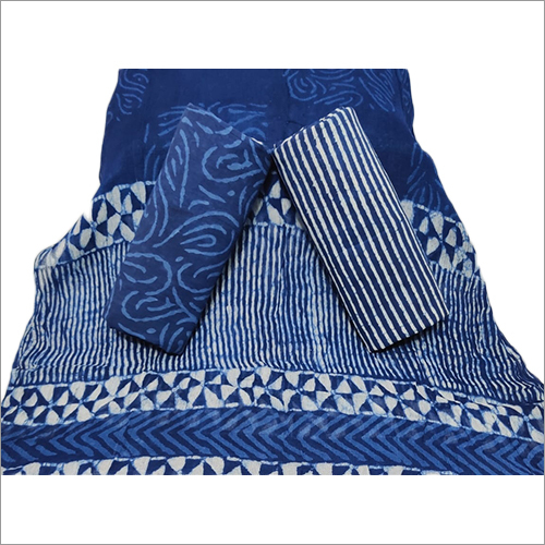 Washable Blue Hand Block Print Cotton Suit With Chiffon Dupatta