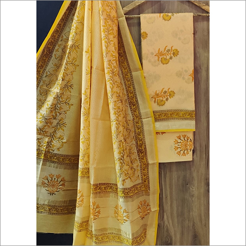 All Season Ladies Hand Block Print Maheshwari Silk Suit
