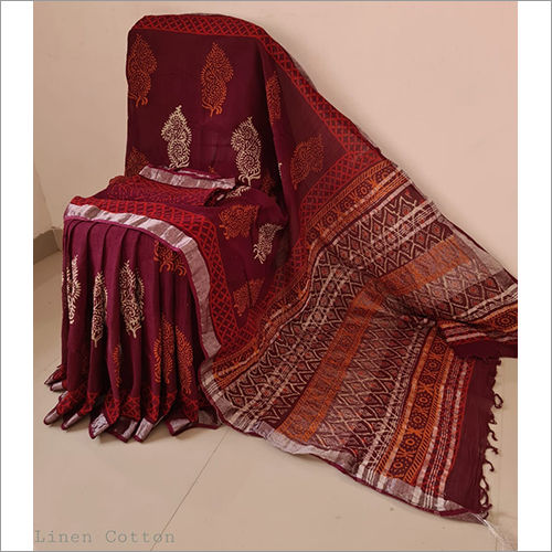 Casual Ladies Traditional Hand Block Print Cotton Linen Saree