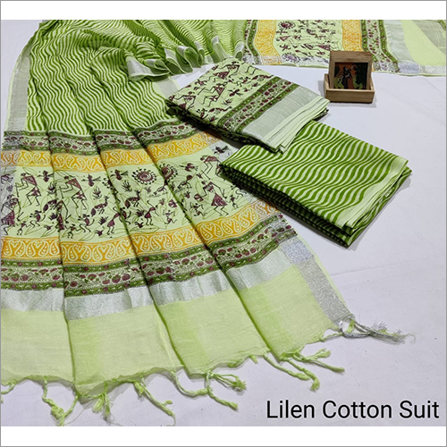 Hand Block Print Linen Cotton Suit With Linen Dupatta