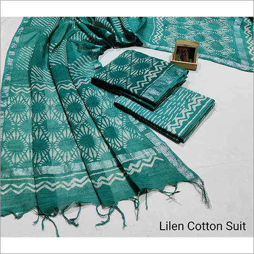 Ladies Hand Block Print Linen Suit With Linen Dupatta