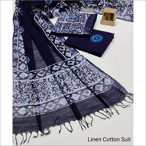 Traditional Hand Block Print Linen Suit With Linen Dupatta Cotton Bottom