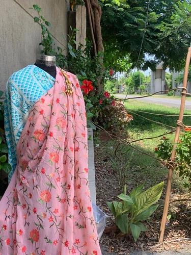 Embroidery Viscose Georgete - Viscose Georgete Fabric, 44 Inch Width | Multi-Coloured Thread Work, Custom Length Available