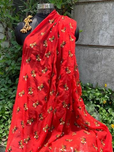 Embroidery Poly Georgete Fabric - 44 Inch Regular Width, Dark Colour Options | Intricate Small Size Butti Texture, Custom Length Available
