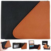 Mens Wallet Pu Leather Black-tan Tri-fold Gents Purse - Size 11.5 X 9 X 1 Cm, Closure: Snap Button, 2 Cash Compartments, 3 Card Slots, Coin Pocket