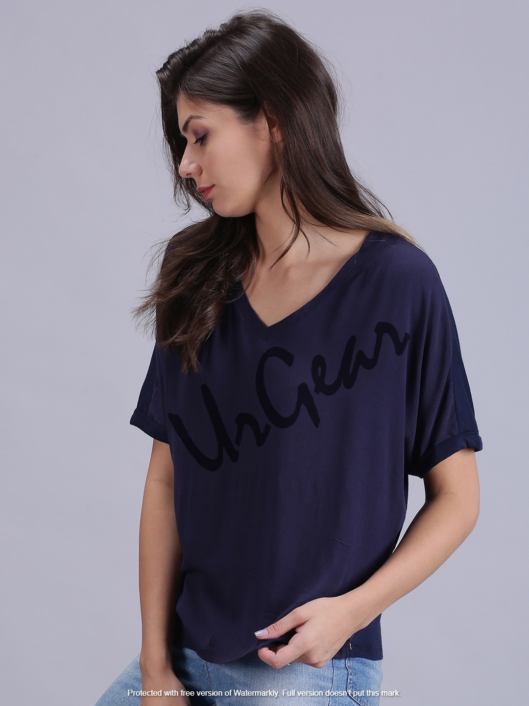 Womens Trendy V-Neck Navy Top