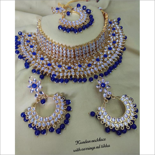Beautiful Royal Blue Heavy Necklace Set With Maang Tikka Bridal Jewelry Set