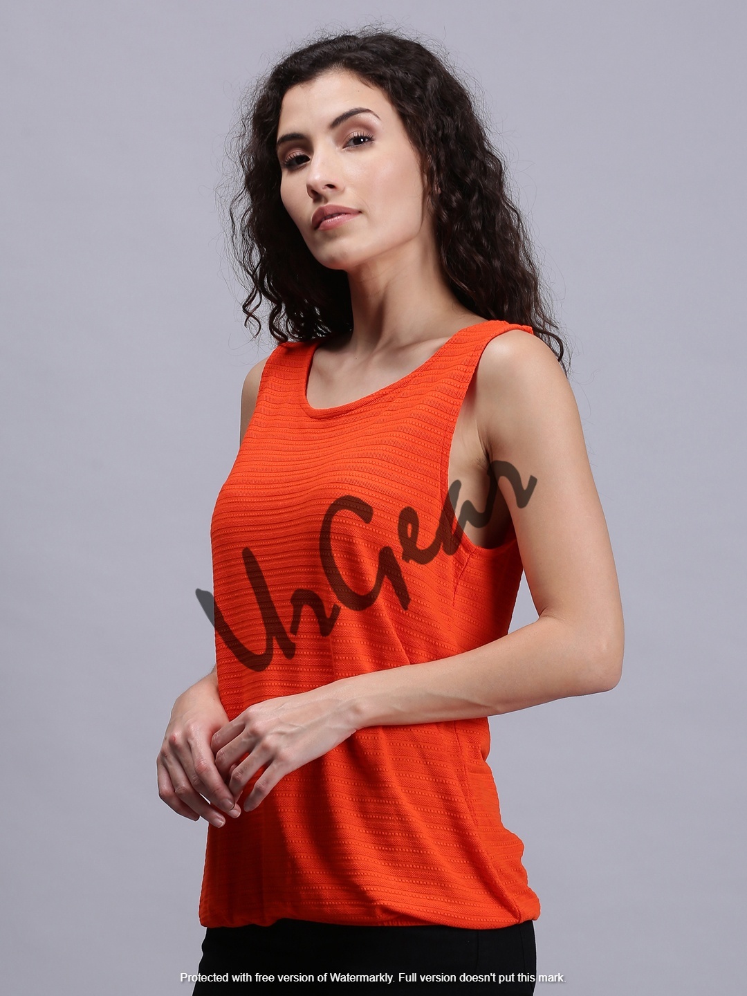 Women Solid Orange Sleeveless Tank Tops