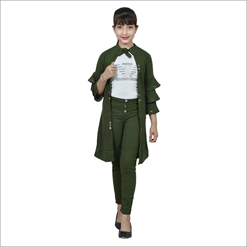 Any Color Girls Green Knee Length Shrug With 2 Piece