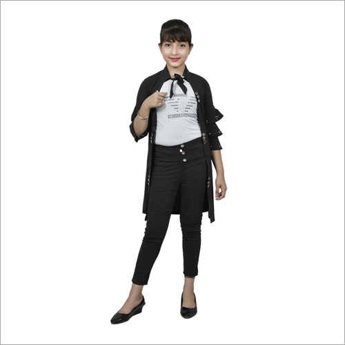 Girl Black Knee Length Shrug With 3 Piece - Cotton, Full Sleeves, Any Color | Quick Dry, Washable, All Season, Plain, Printed