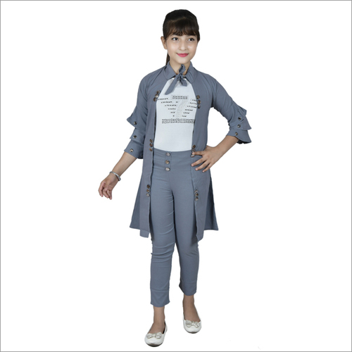 Cotton Girl Grey Colored Knee Length Shrug With 3 Piece