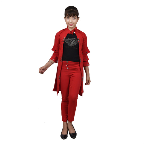 Any Color Girl Red Knee Length Shrug With 3 Piece