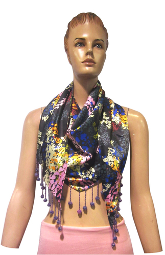 Satin Solid Triangle  With Beaded Fringes  Scarves