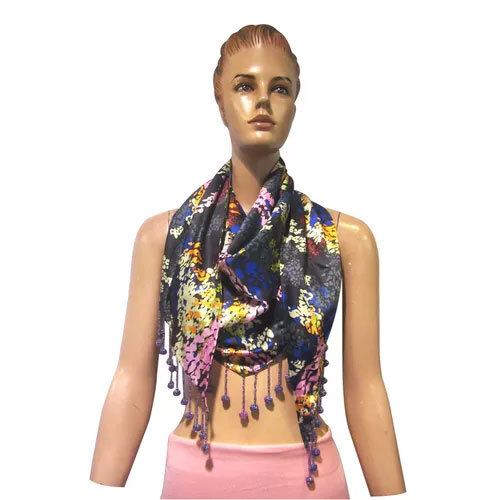 Satin Solid Triangle  With Beaded Fringes  Scarves