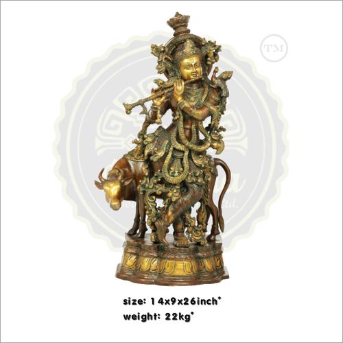 Brass Krishna with Cow Statue
