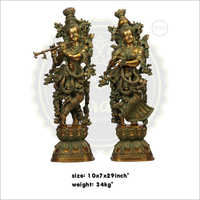 Antique Brass Radha Krishna Statue - 29 Inch, Multicolor Design | Ideal For Worship, Weighs 34 Kg