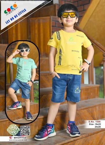 Fancy Soft Coco Boys Imported Fabric Tee With Denim Shorts