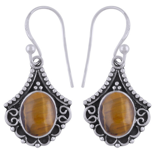 Tiger Eye Natural Gemstone 925 Sterling Solid Silver Oval Cabochon Handmade Earrings