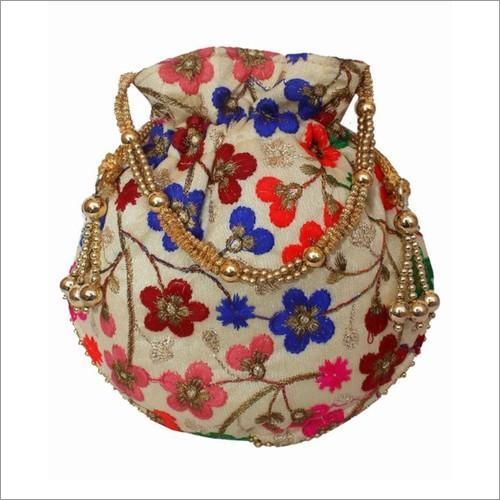 Ladies Fancy Potli Bag - Cotton Fabric, Embroidered Design, Available in Red, Pink, Purple, Green, Golden, Black Colors