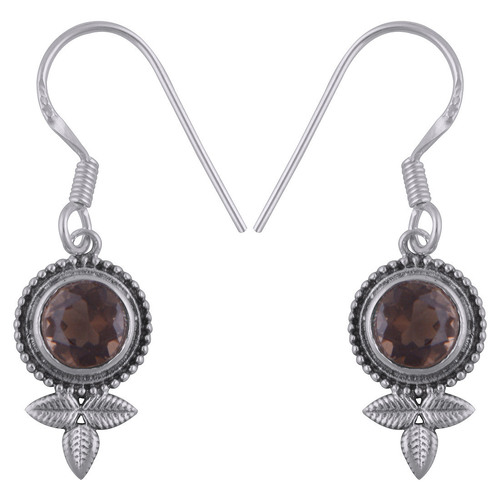 Smokey Topaz Natural Gemstone 925 Sterling Solid Silver Round Cut Stone Handmade Earrings