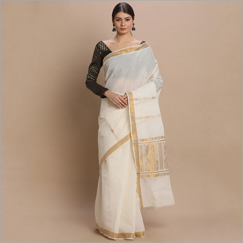 Ladies Kerala Kasavu with Gold Zari Jacquard Pallu Sarees