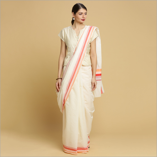 Off White Kerala Kasavu Sarees With Plain Body And Pink Thread Pallu