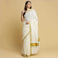 Kerala Kasavu Sarees With Green Thread Pallu
