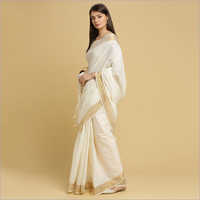Kerala Kasavu Plain Saree With Plain Body And Gold Silver Zari Border And Pallu