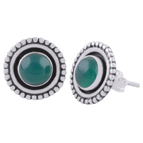 Green Onyx Natural Gemstone 925 Sterling Solid Silver Round Cabochon Stone Handmade Stud Earrings