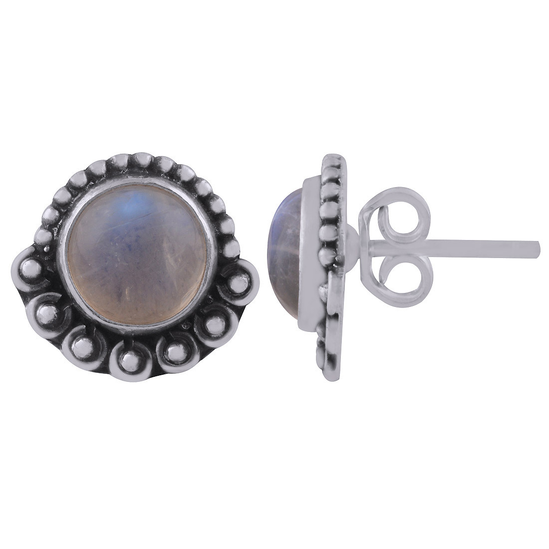 Rainbow Natural Gemstone 925 Sterling Solid Silver Round Cabochon Stone Handmade Stud Earrings