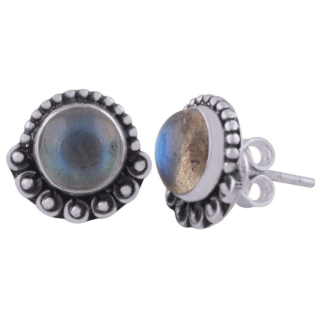 Rainbow Natural Gemstone 925 Sterling Solid Silver Round Cabochon Stone Handmade Stud Earrings