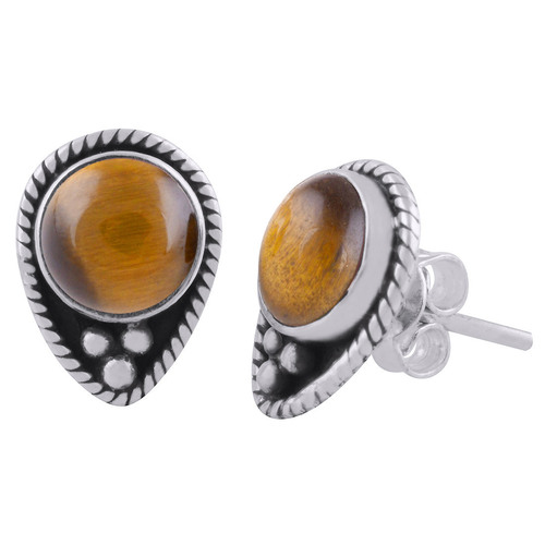 Tiger Eye Natural Gemstone 925 Sterling Solid Silver Round Cabochon Stone Handmade Stud Earrings