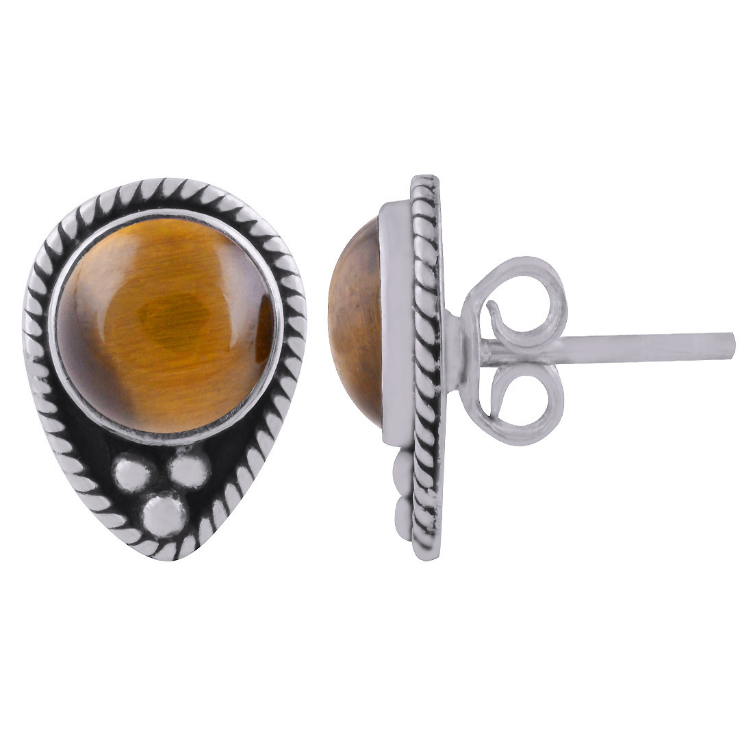 Tiger Eye Natural Gemstone 925 Sterling Solid Silver Round Cabochon Stone Handmade Stud Earrings