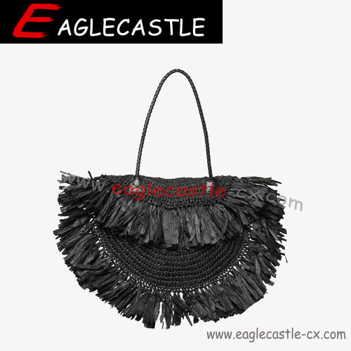 Black Tassel Design Beach Straw Knitted Tote Bag Summer Woven Paper Straw Clutch Handbags