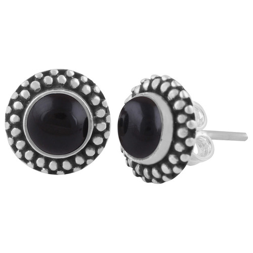 Black Onyx Natural Gemstone 925 Sterling Solid Silver Round Cabochon Stone Handmade Stud Earrings Gender: Women