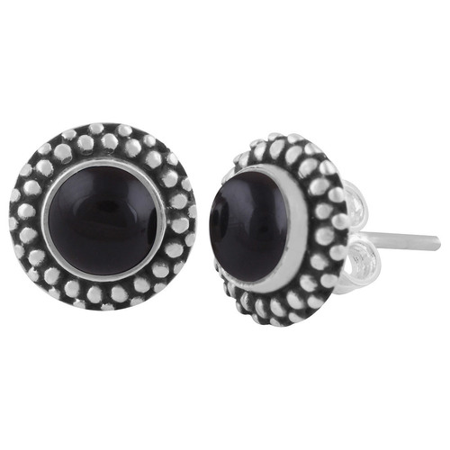 Black Onyx Natural Gemstone 925 Sterling Solid Silver Round Cabochon Stone Handmade Stud Earrings
