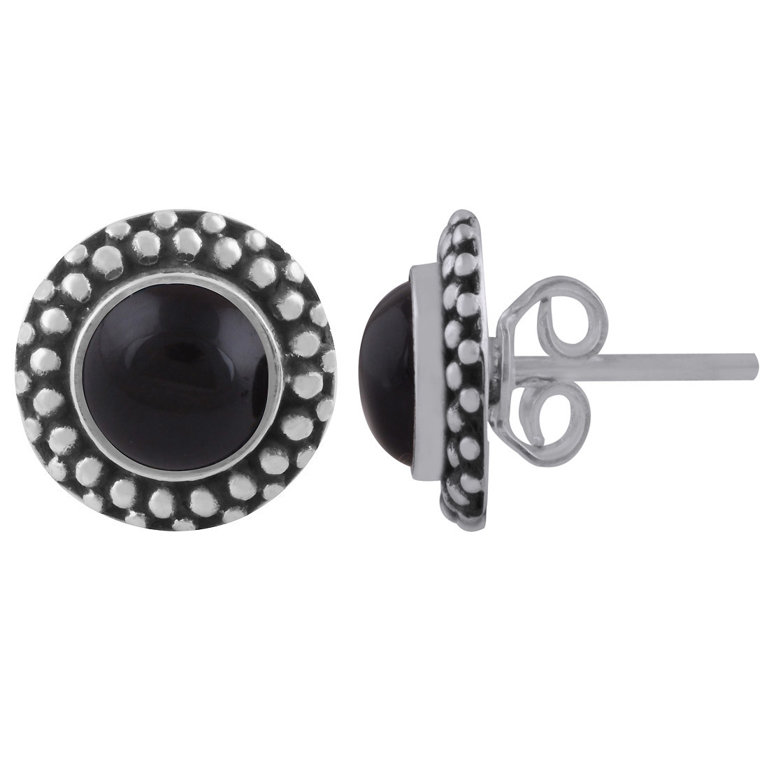 Black Onyx Natural Gemstone 925 Sterling Solid Silver Round Cabochon Stone Handmade Stud Earrings