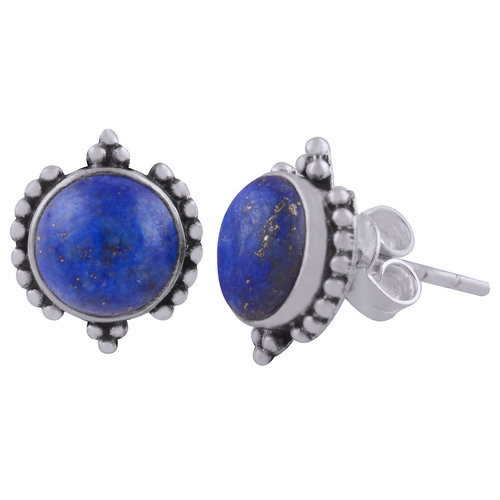 Lapis Natural Gemstone 925 Sterling Solid Silver Round Cabochon Stone Handmade Stud Earrings