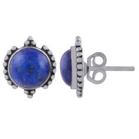 Lapis Natural Gemstone 925 Sterling Solid Silver Round Cabochon Stone Handmade Stud Earrings