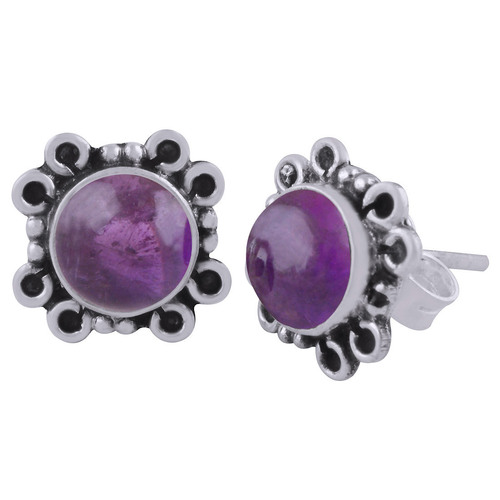 Amethyst Natural Gemstone 925 Sterling Solid Silver Round Cabochon Stone Handmade Stud Earrings