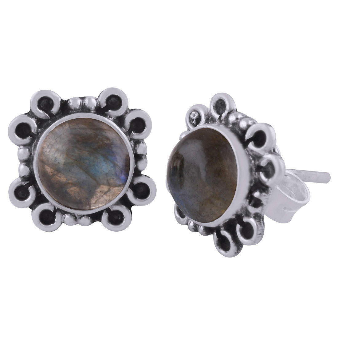 Amethyst Natural Gemstone 925 Sterling Solid Silver Round Cabochon Stone Handmade Stud Earrings