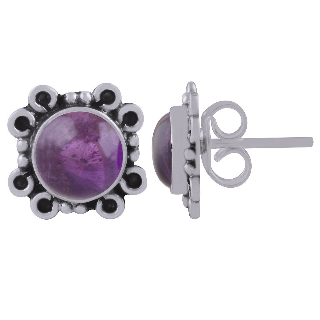 Amethyst Natural Gemstone 925 Sterling Solid Silver Round Cabochon Stone Handmade Stud Earrings