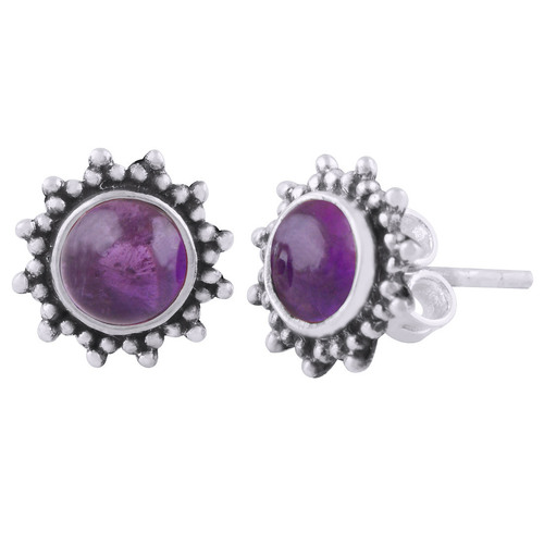 Amethyst Natural Gemstone 925 Sterling Solid Silver Round Cabochon Stone Handmade Stud Earrings