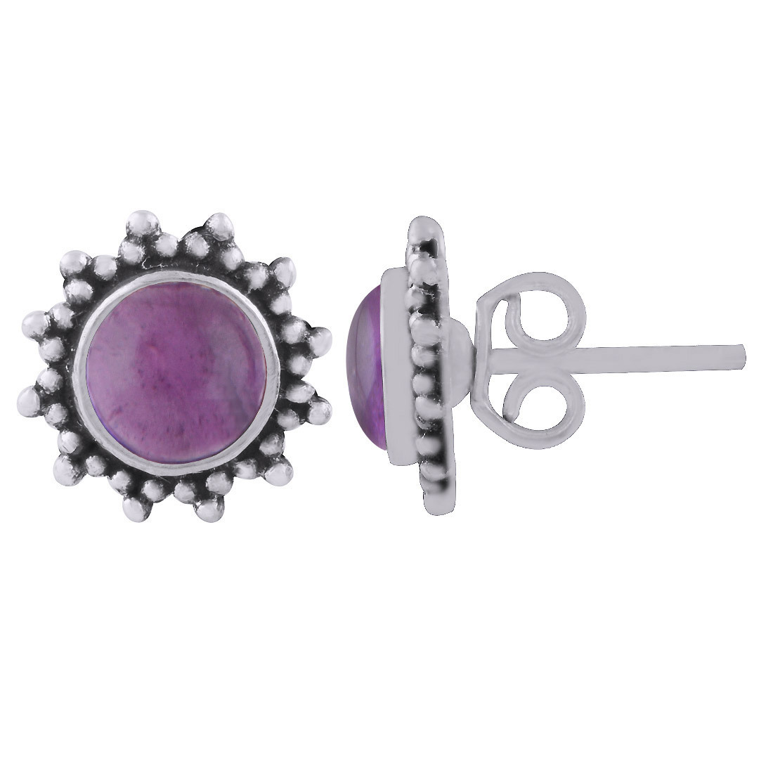 Amethyst Natural Gemstone 925 Sterling Solid Silver Round Cabochon Stone Handmade Stud Earrings