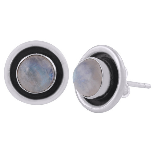 Rainbow Natural Gemstone 925 Sterling Solid Silver Round Cabochon Stone Handmade Stud Earrings